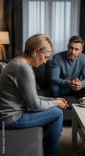 Concerned Couple Sitting Apart During Serious Conversation in Modern Living Room