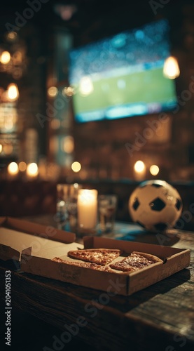 Dimly lit room with pizza, soccer ball, candles, and screen