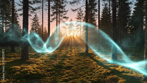 Teal glowing ribbon of light and soft haze over a misty forest at sunrise, dreamy fantasy landscape scene