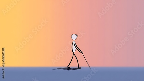 Minimal stick figure of blind person guided by walking stick awareness style