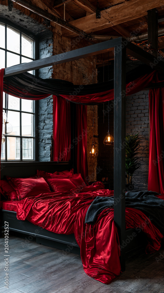Fototapeta premium black bed with red satin bedding in loft interior, luxury loft bedroom with black bed and red satin bedding, modern black bed with elegant red satin bedding in stylish loft