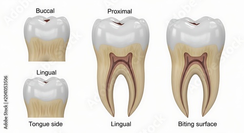 Detailed Dental Tooth Diagram Showing Surface Labels and Internal Root Structure on White Background