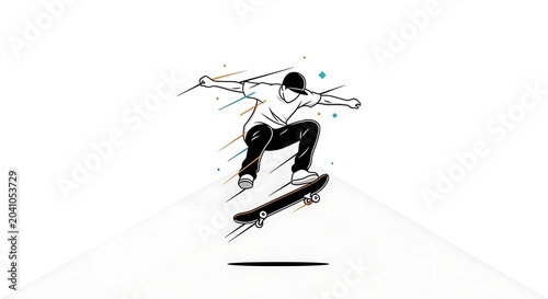 Dynamic Skateboarder Performing Aerial Trick on Minimal White Background