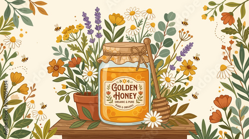 Foto Golden Honey Jar with Bees and Wildflowers - Natural Sweetness Illustration