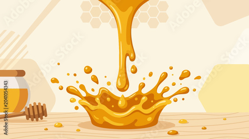 Obraz na plátne Golden Honey Splash and Dripping, Honey Pot and Dipper, Beehive Pattern