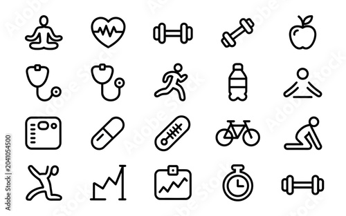 Collection of health wellness and fitness icons representing lifestyle activities and medical concepts