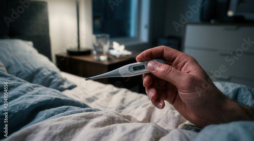 Checking Temperature: Ill Person in Bed, Holding Digital Thermometer at Night