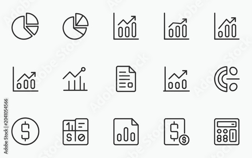 A collection of business icons featuring graphs charts documents and financial symbols