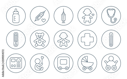 A collection of pediatric and medical care icons featuring doctor, thermometer, baby bottle, syringe, and stethoscope.