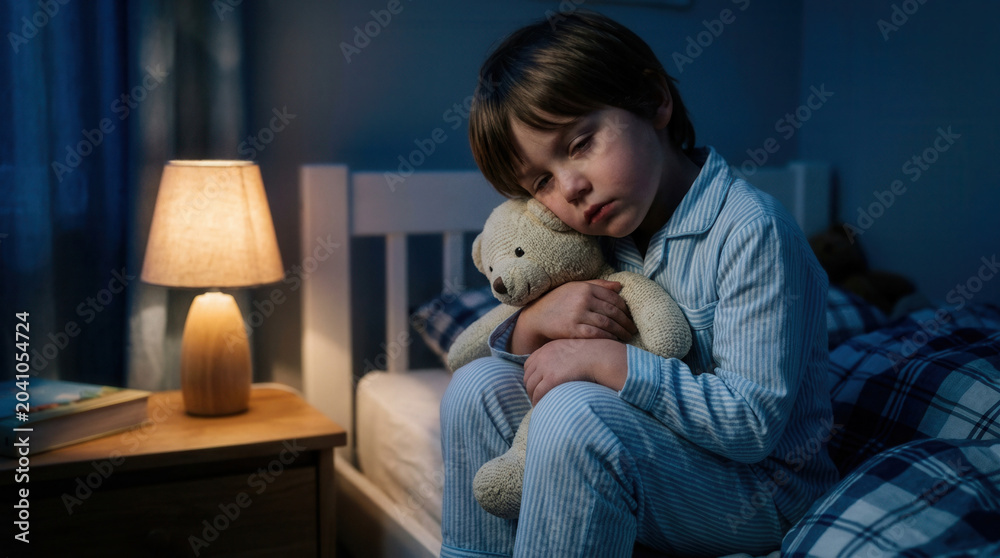 Obraz premium Child Cuddled With Teddy Bear Before Bedtime Under Soft Night Lamp Light