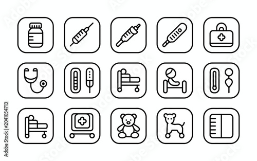 A set of minimalist line icons representing various medical and healthcare concepts isolated on a white background.