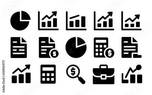 A set of minimalist business finance and analytics icons featuring charts graphs documents and financial tools on a white background for business analysis