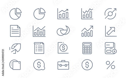 A collection of business and finance icons featuring charts, graphs, handshakes, and financial symbols on a digital illustration.