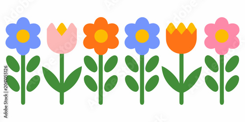 row of colorful flowers on white background flower petals stem leaves tulip