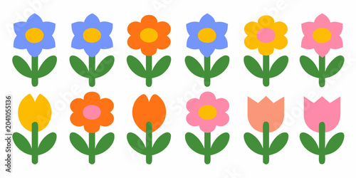 simple colorful flowers arranged in rows on white background petals stem leaves