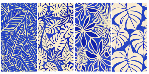 four tropical leaf patterns in deep blue and cream pattern panels botanical