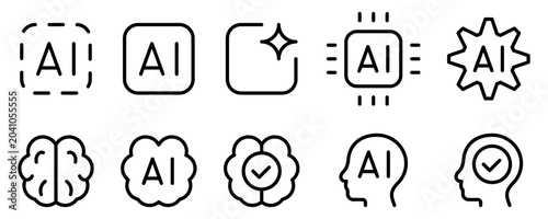 Set of 10 AI icons with editable stroke | artificial intelligence linear web icons, featuring brain, processor chip, and head symbols in minimal line style.