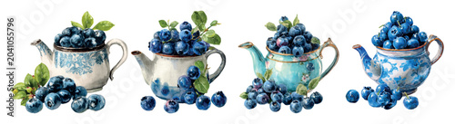 фотографія Blueberries filling various antique teapots in a detailed hand drawn watercolor