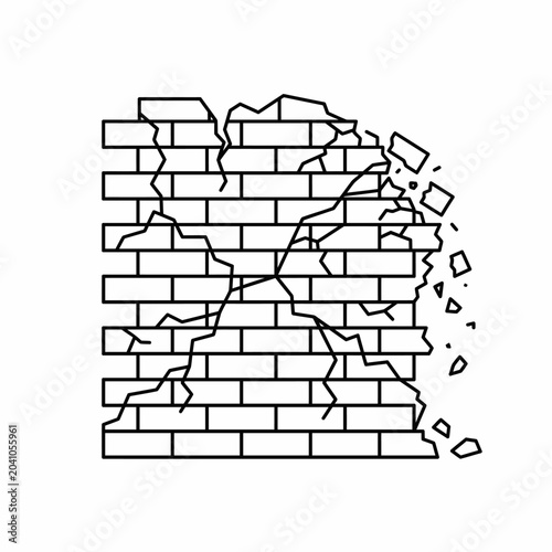 Quadro su tela Cracked brick wall with broken pieces.