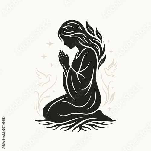 Photos Woman in prayerful meditation with birds.