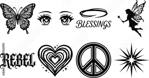 Quadro su tela Y2k aesthetic tattoo icons set featuring butterfly anime eyes blessings halo fai