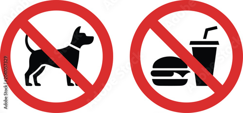 Fotografie No pets allowed and no eating or drinking restriction sign collection showing a