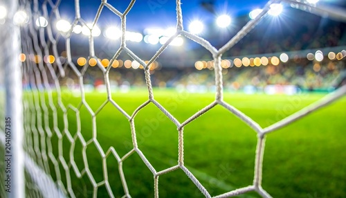 Close up of soccer goal net with bright stadium lights and blurred grass field background at night