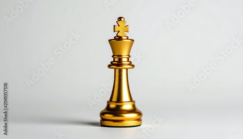 Single golden chess king piece standing against a clean white background with soft studio lighting and shadows