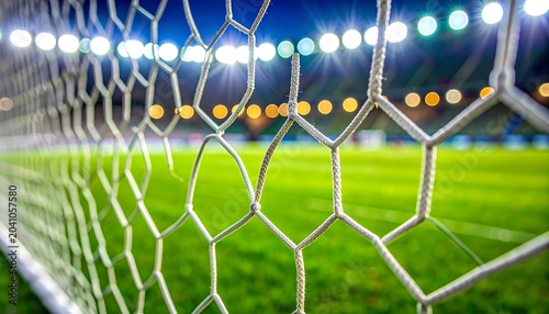 Soccer goal net closeup with bright stadium floodlights glowing at night creating an energetic sports atmosphere