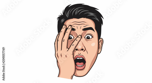 A close-up of a person’s startled face with their hand covering one eye, mouth agape in surprise
