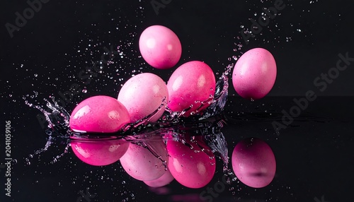 Bright Pink Eggs Splashing in Water on Glossy Black Surface