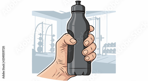 Hand holding a gray water bottle in a gym