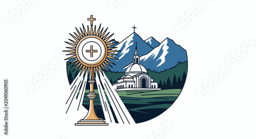 Religious artifact shines over a domed church amidst a serene mountain landscape
