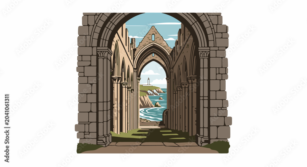 Fototapeta premium View through ancient stone arches to a coastal scene with a lighthouse and the sea