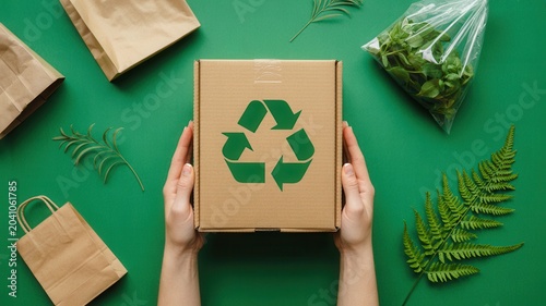 Hands holding a cardboard box with a green recycling symbol on a green background with paper bags and plants