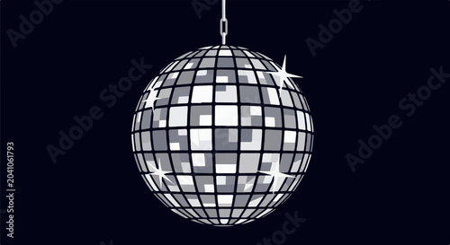A silver disco ball hangs against a dark background, reflecting light