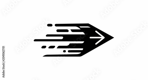 Black arrow shape with white outline moving fast, trails behind