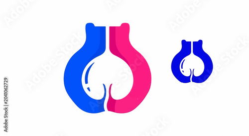 Abstract shapes in blue and pink, one large, one small, resemble a stylized heart