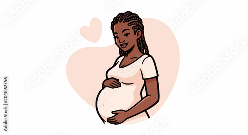 A smiling pregnant woman with braided hair, cradling her belly with soft heart shapes behind her