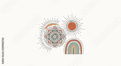 Bohemian sunburst, floral mandala, and rainbow illustration in earthy tones
