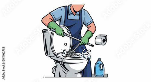 Person wearing an apron and gloves scrubs a toilet with a brush and cleaning spray