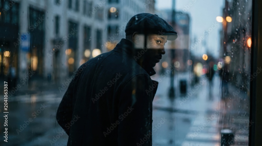 Emotional Resilience: Reflective individual walking quietly through urban setting
