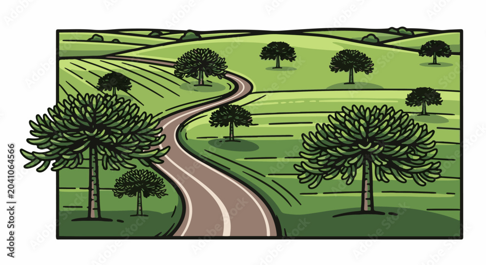 Fototapeta premium A winding road cuts through a lush green landscape with rolling hills and scattered trees
