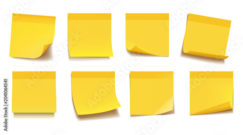 Yellow note list. Paper reminder pad, white checklist page or important color square board. Blank thumbtack. Realistic blank sticky memo with curled corners and shadows, vector icons set