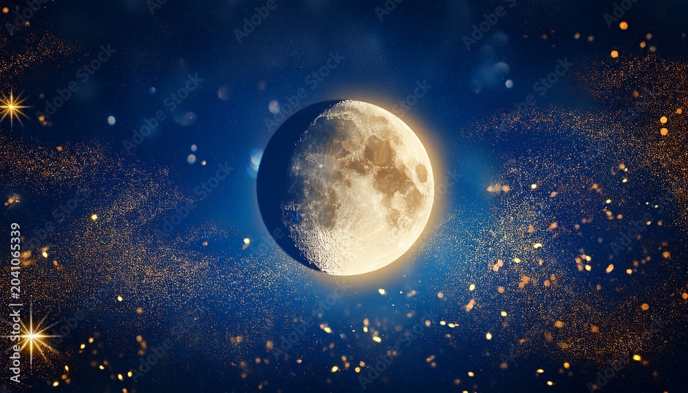 Naklejka premium Glowing Crescent Moon Sparkle Against Deep Blue Starry Night Sky With Scattered Golden Particles Reflecting On Dark Surface