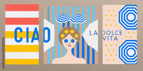Cuadro en lienzo summer vacation posters with colorful stripes and beach umbrellas woman flowers