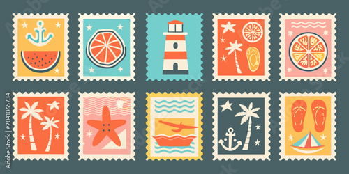 grid of vintage style summer travel postage stamps anchor watermelon orange slice