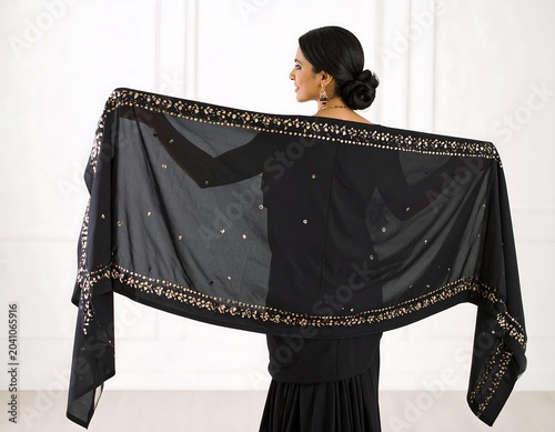 Elegant Woman Displaying Black Embellished Dupatta in Bright Studio