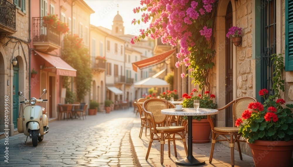 Fototapeta premium Sunny Mediterranean Street With Flowers And Café