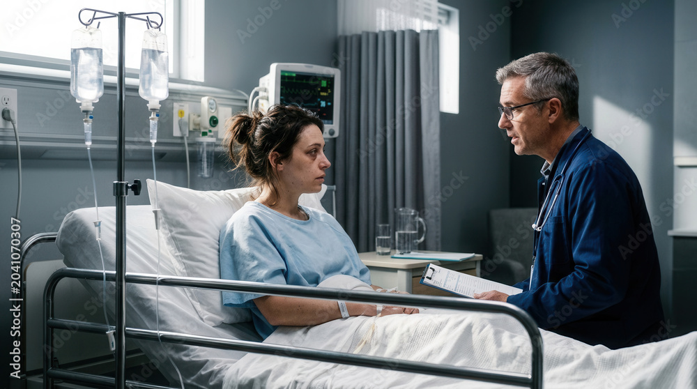 Obraz premium Concerned Doctor Explains Diagnosis To Patient In Hospital Bed While Reviewing Results